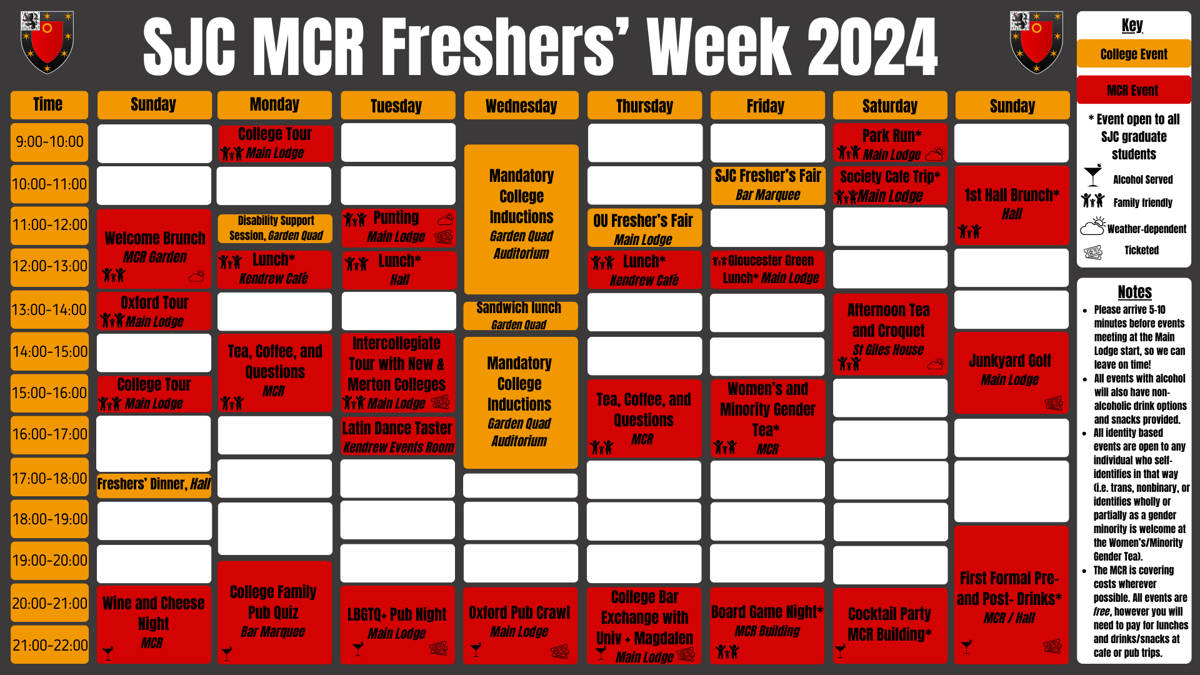 SJC MCR Freshers' Calendar 2024