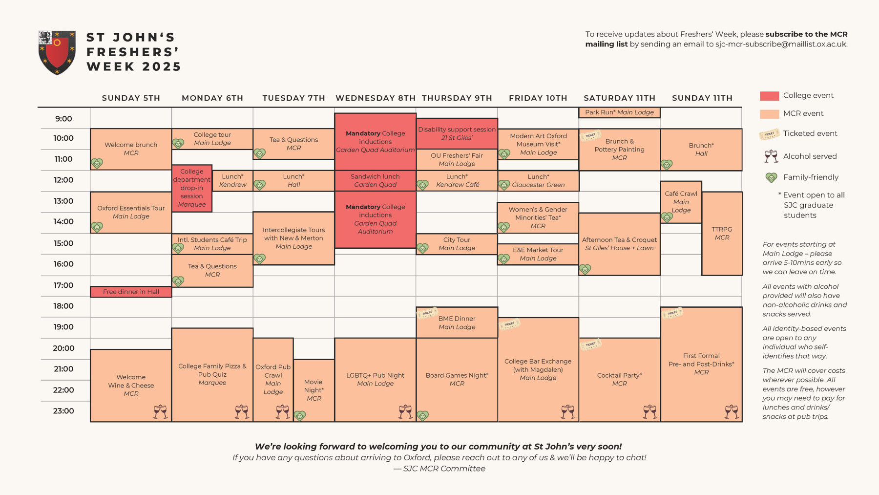 SJC MCR Freshers' Calendar 2025