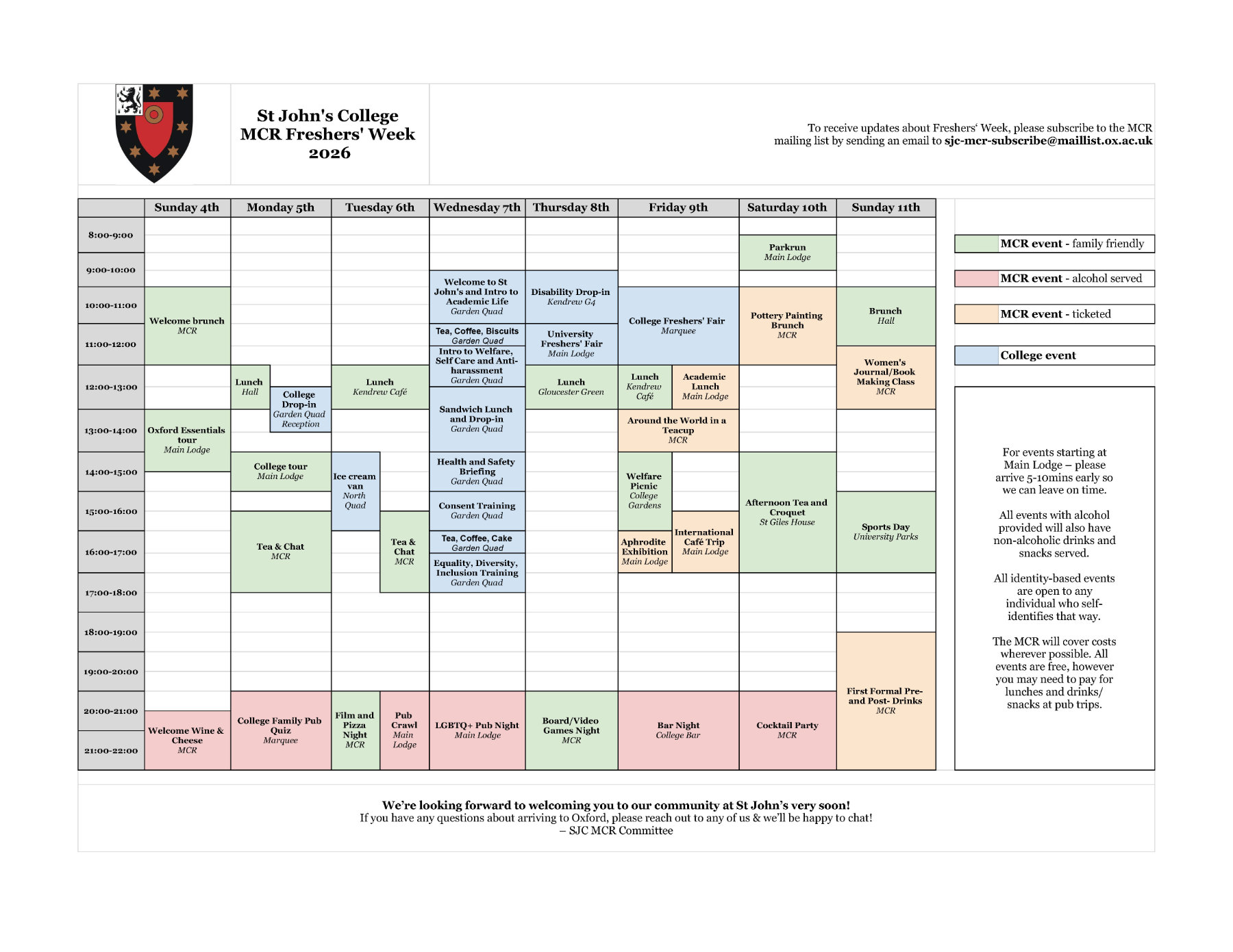 SJC MCR Freshers' Calendar 2026