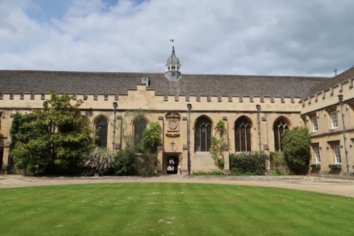 Lawn, quad, clock St John's College Oxford